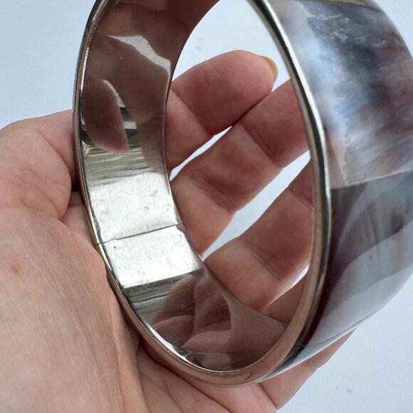 Silver Tone Bangle Bracelet Grey Blue Abalone Shells Panels Costume Jewelry - Picture 4 of 6